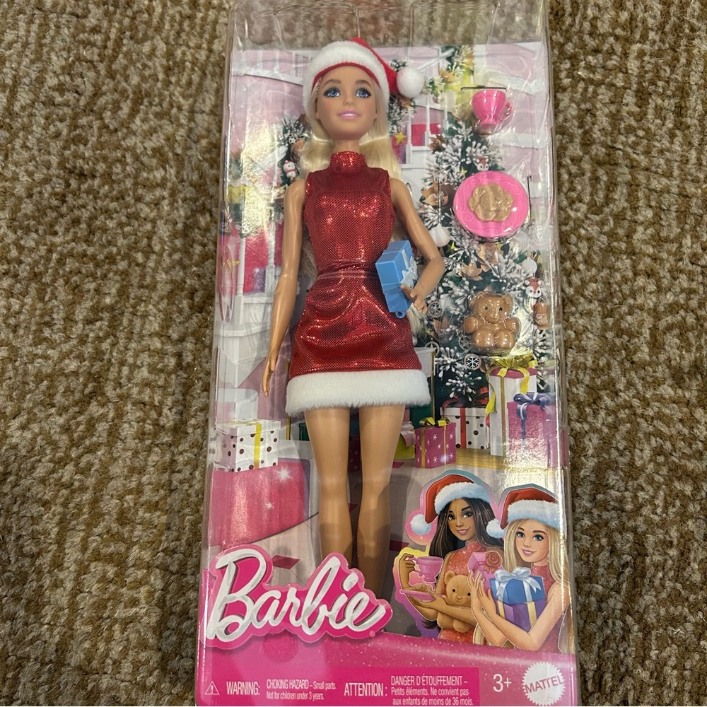 NEW in package Barbie Santa doll with present, bear, milk and plate of cookies